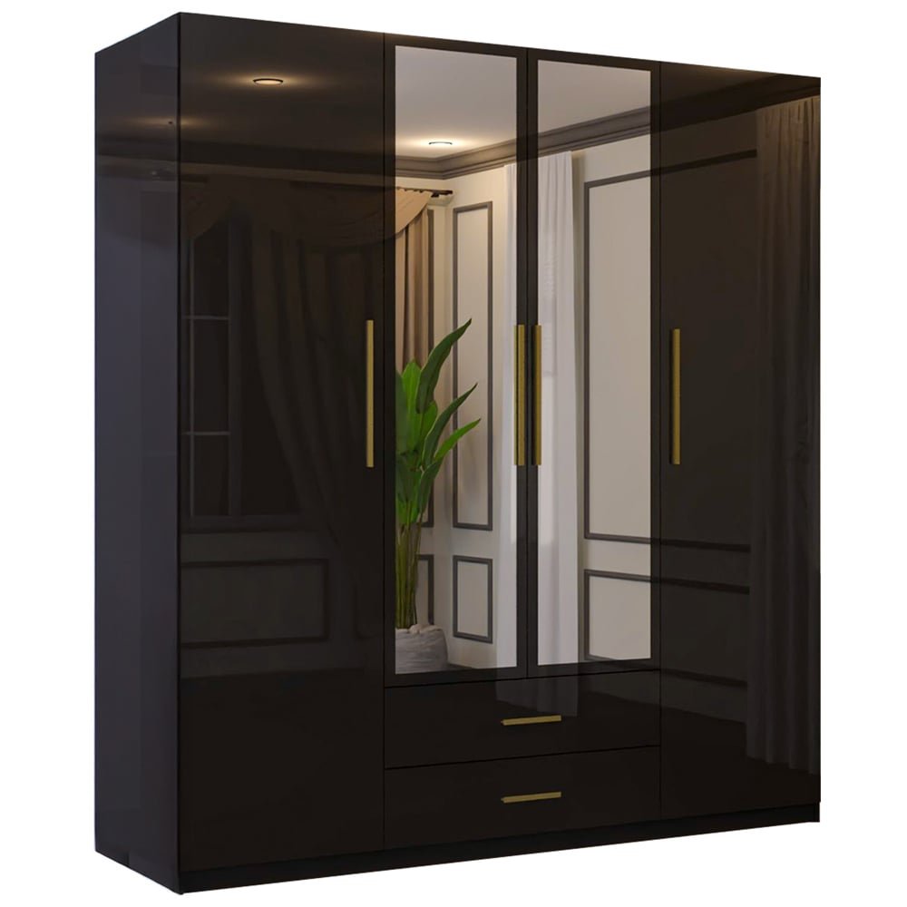 XD1 Black High Gloss 4 door wardrobe with 2 drawers and mirrored centre doors