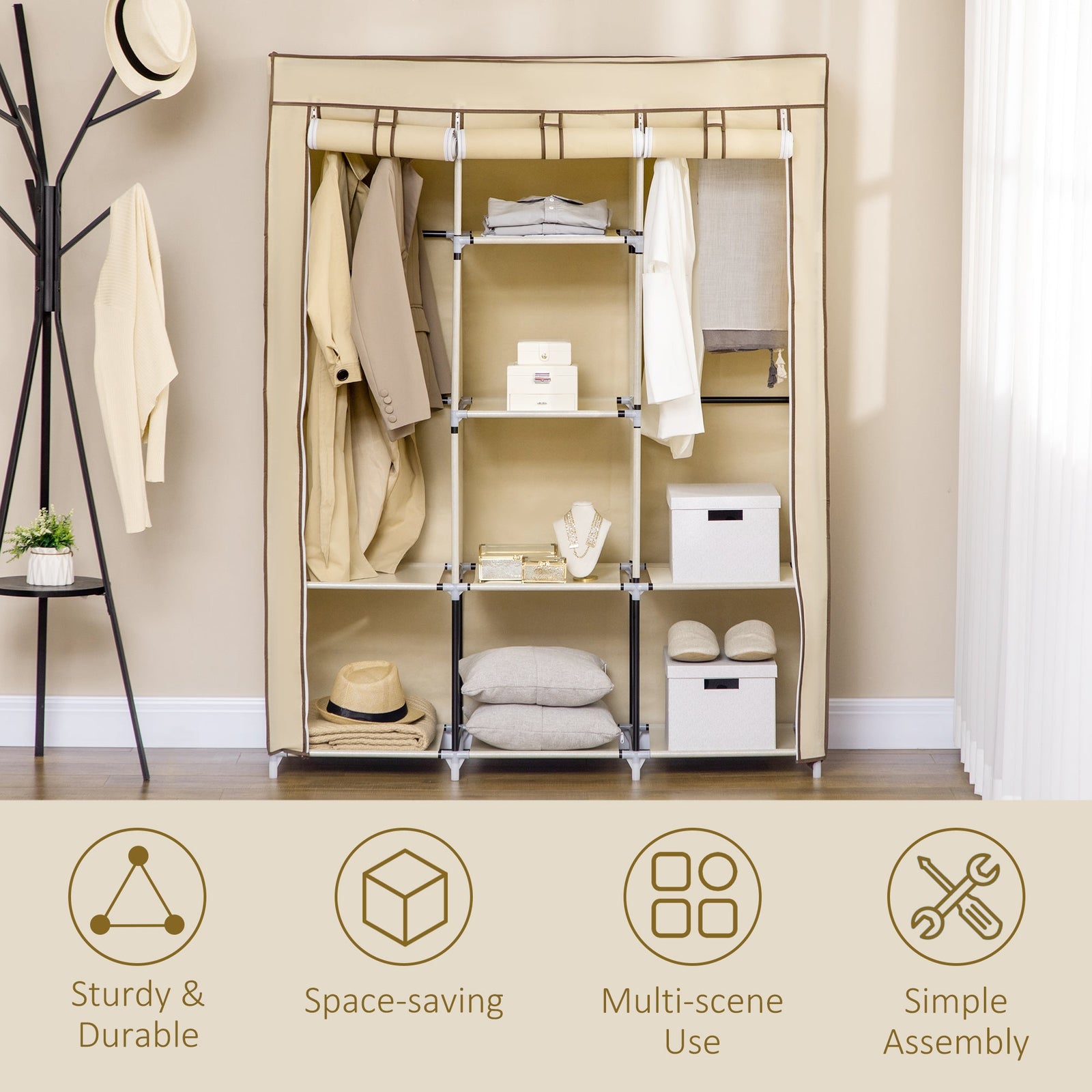homcom fabric wardrobe with rails and shelves beige