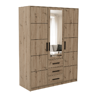 Medium oak 3 door wardrobe with mirror door and black handles