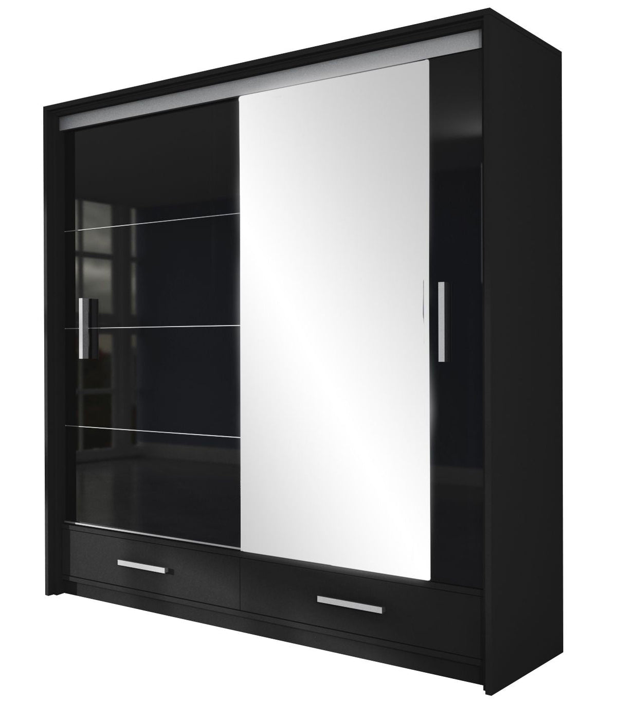 The WARRINGTON 2 Door Mirrored Wardrobe in black high gloss offers LED lighting, one mirrored door, silver handles, two drawers, and interior shelves—perfect for organized bedroom storage. Size: 208cm.