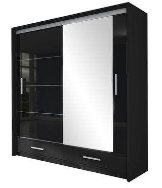 The WARRINGTON 2 Door Mirrored Wardrobe in black high gloss offers LED lighting, one mirrored door, silver handles, two drawers, and interior shelves—perfect for organized bedroom storage. Size: 208cm.