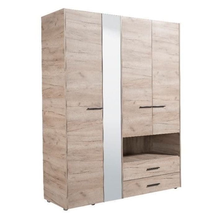 Higham 4-door mirrored wardrobe in grey oak with two drawers