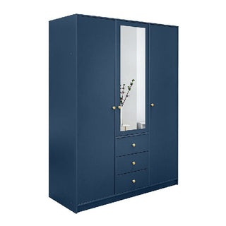 Dark blue 3-door mirrored wardrobe with gold knobs and 3 drawers
