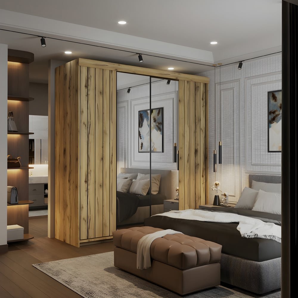 150cm Oak sliding door wardrobe with mirrored doors, abstract art, and brown bench in a modern bedroom.