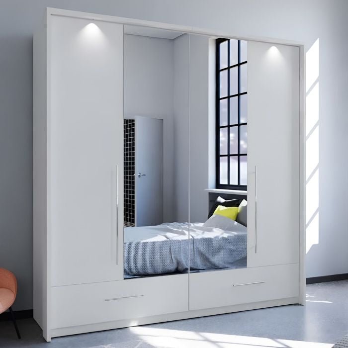 LINDSEY 2 door white wardrobe with mirrored doors and two visible drawers.