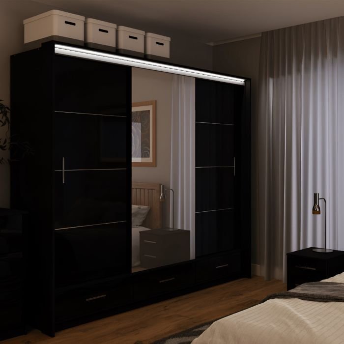 Black high gloss sliding wardrobe with mirrored doors and LED lighting