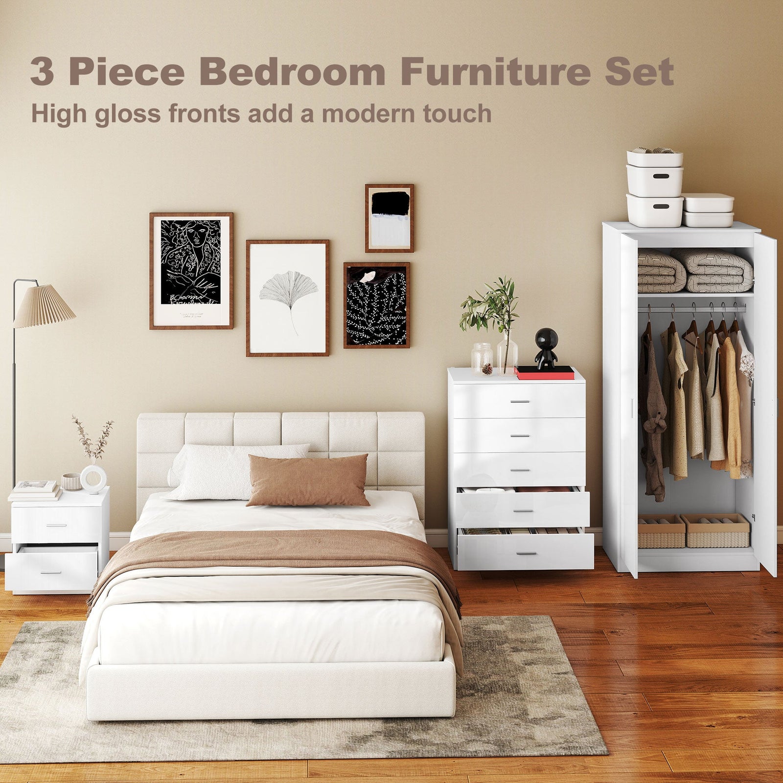 homcom high gloss 3 piece trio bedroom furniture set wardrobe chest of drawer bedside white