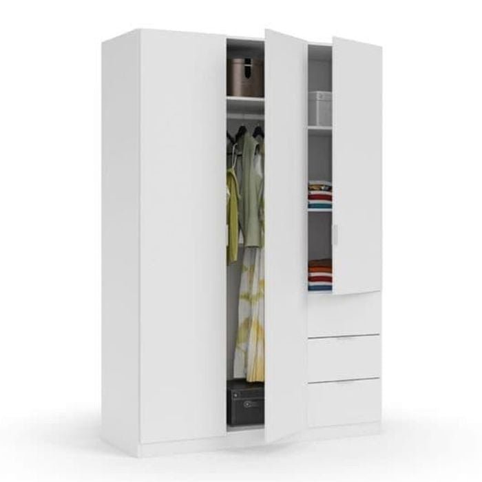 HARVEY 3 Door Wardrobe in Arctic White with hanging space and three drawers
