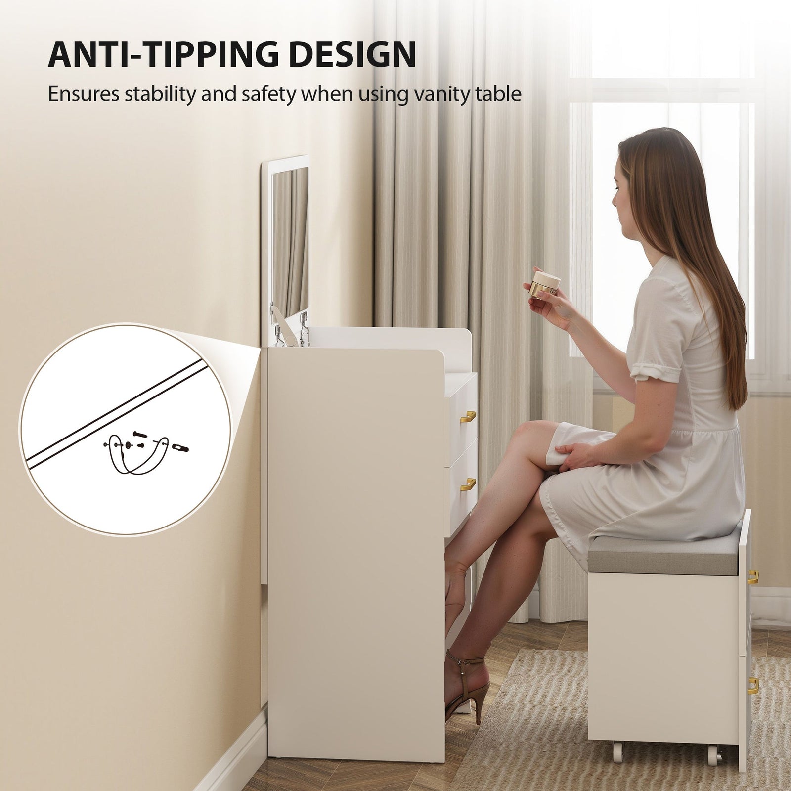 homcom compact dressing table and stool set with storage white
