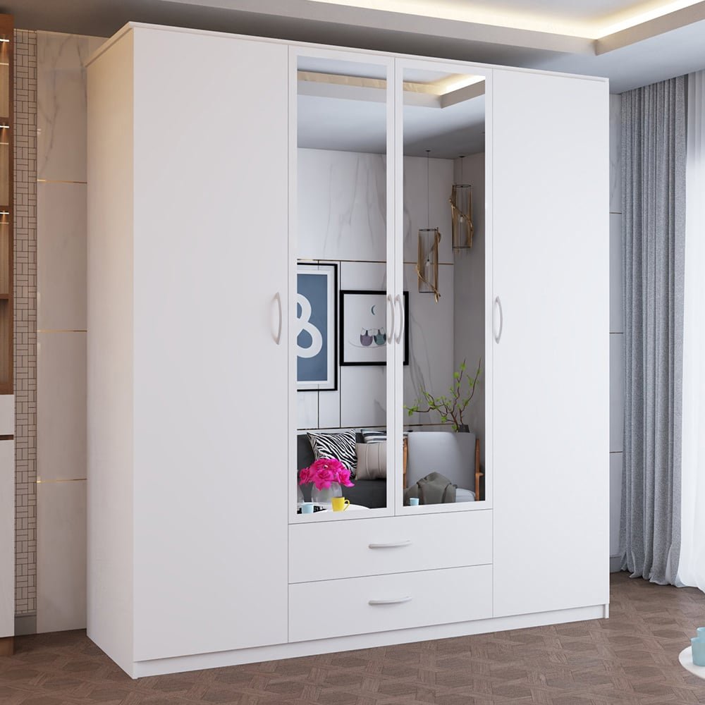 White 4-door hinged wardrobe with two mirrored central doors and two drawers below.