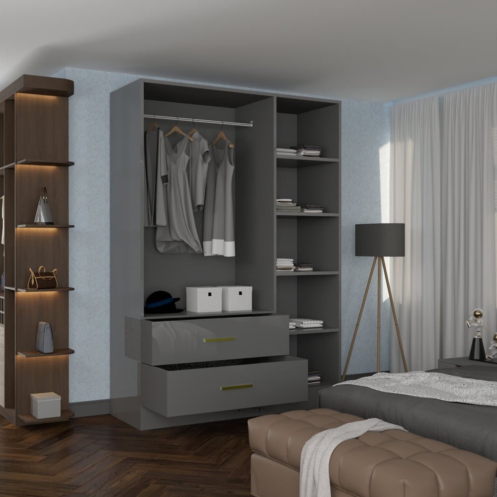 XD2 Grey High Gloss 3-door 2-drawer wardrobe with gold handles