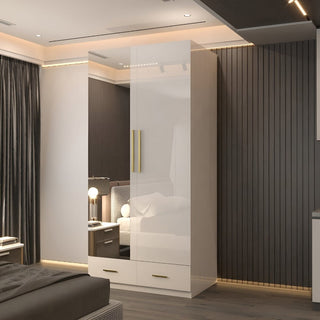 XD4 White High Gloss 2 Door 2 Drawer Gold Handle Mirrored Wardrobe 90cm