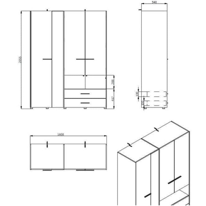 Technical drawing of a 4-door wardrobe, 161cm wide, 54cm deep, 205.5cm high, with drawers shown.