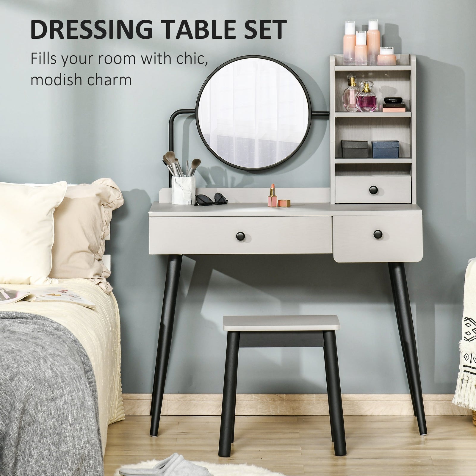 homcom dressing table set with mirror and stool vanity makeup table with 3 drawers and open shelves for bedroom living room grey