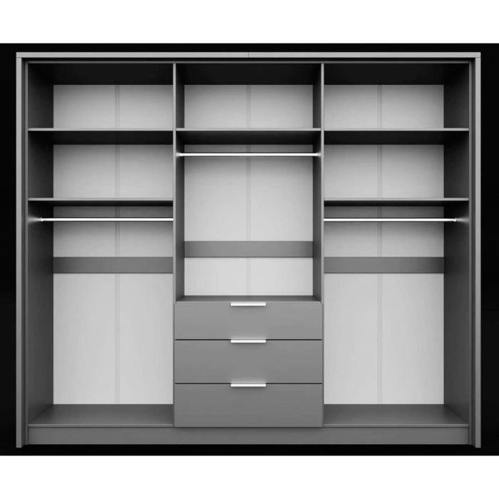 Grey 6 door wardrobe with shelving, hanging rail and 3 drawers