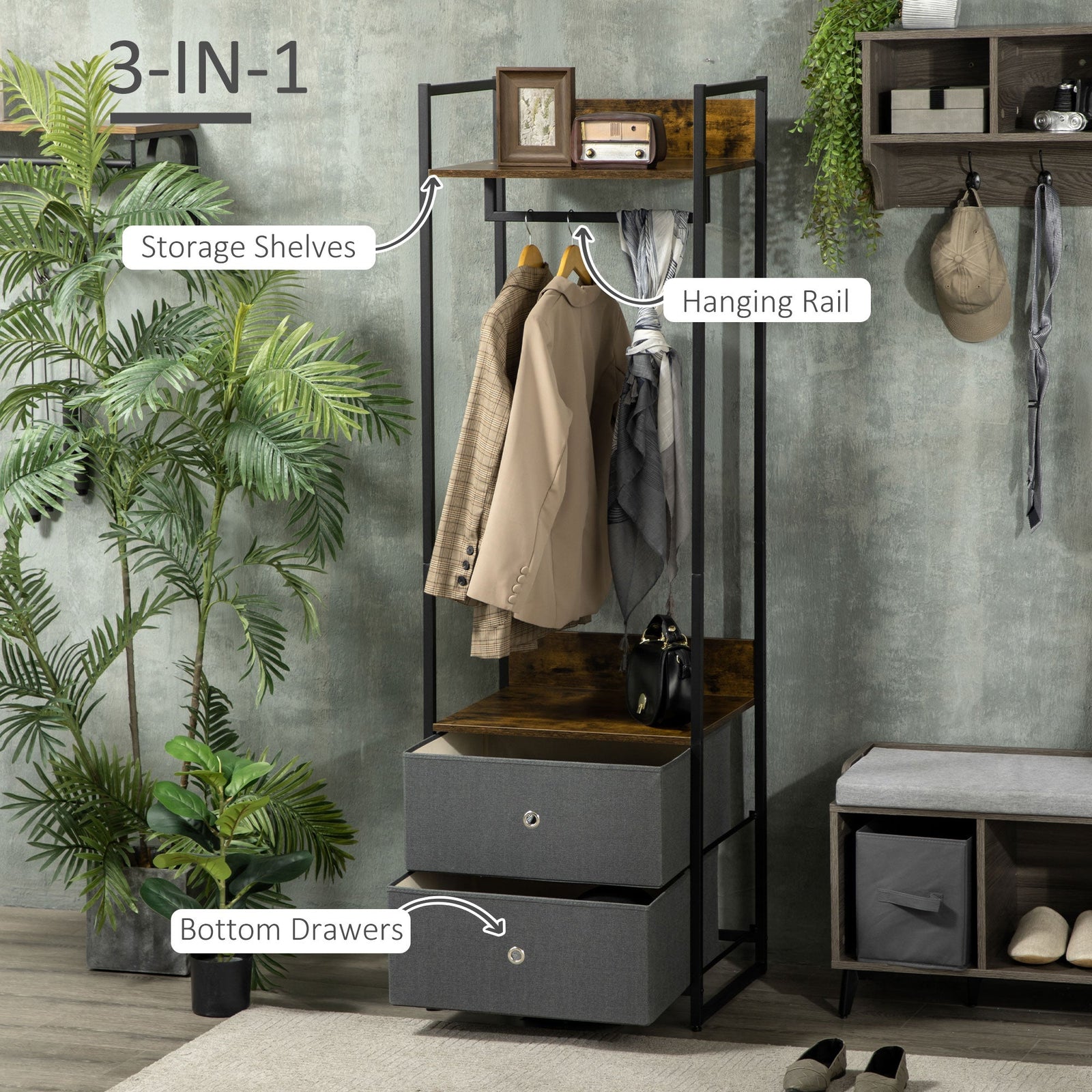 homcom clothes rail metal coat stand garment rack with 2 fabric storage drawers single wardrobe for bedroom hallway rustic brown and grey