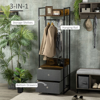 homcom clothes rail metal coat stand garment rack with 2 fabric storage drawers single wardrobe for bedroom hallway rustic brown and grey