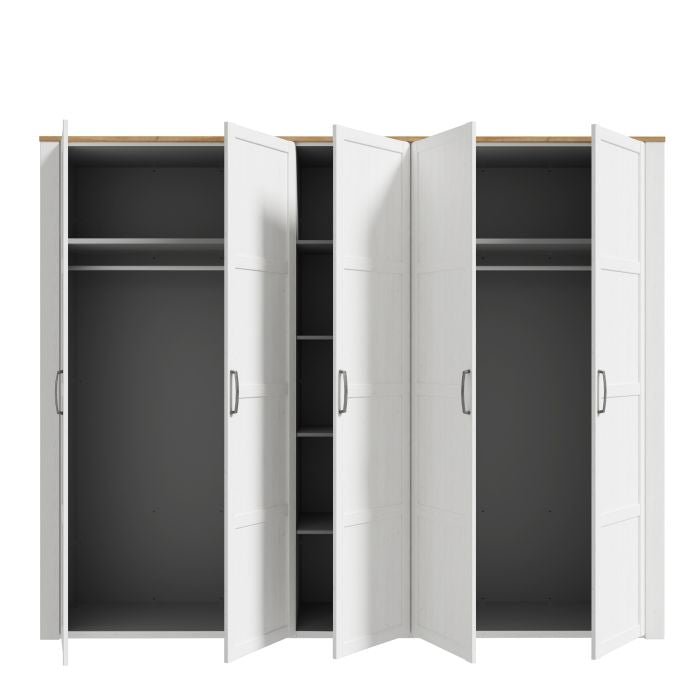BUENOS 5 door wardrobe in white and oak finish, open doors showing storage space
