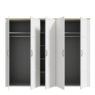 BUENOS 5 door wardrobe in white and oak finish, open doors showing storage space