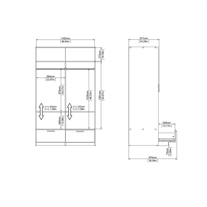 Technical drawing of LACOSTE 2 door wardrobe with 2 drawers, showing dimensions in mm and inches.