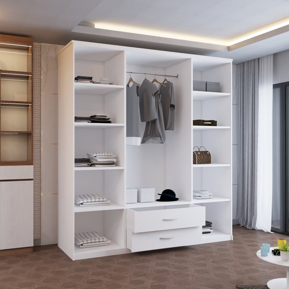 White 4-door wardrobe with mirrored central doors, showing shelves and a hanging rail.