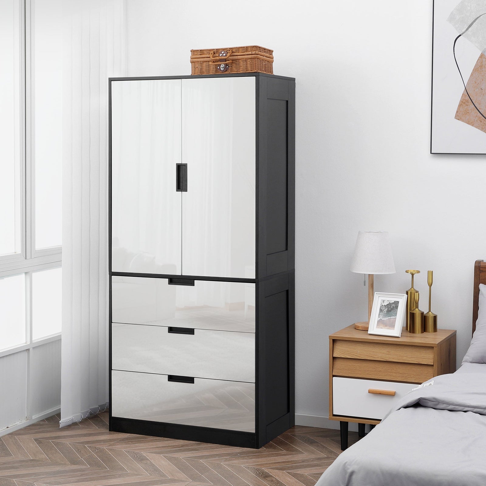 homcom 2 door wardrobe modern wardrobe with 3 drawers and hanging rod for bedroom high gloss white