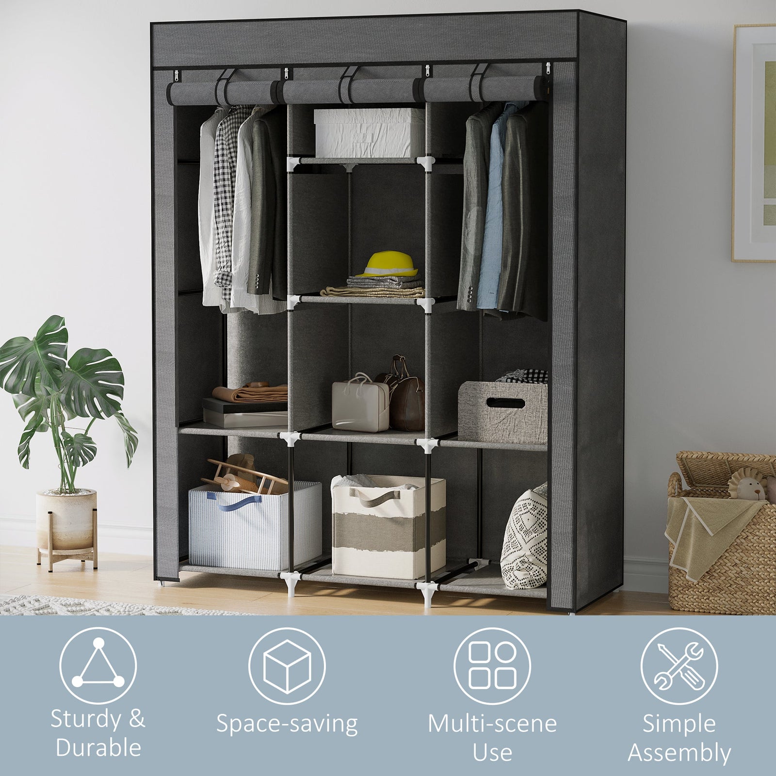 homcom fabric wardrobe with rails and shelves dark grey
