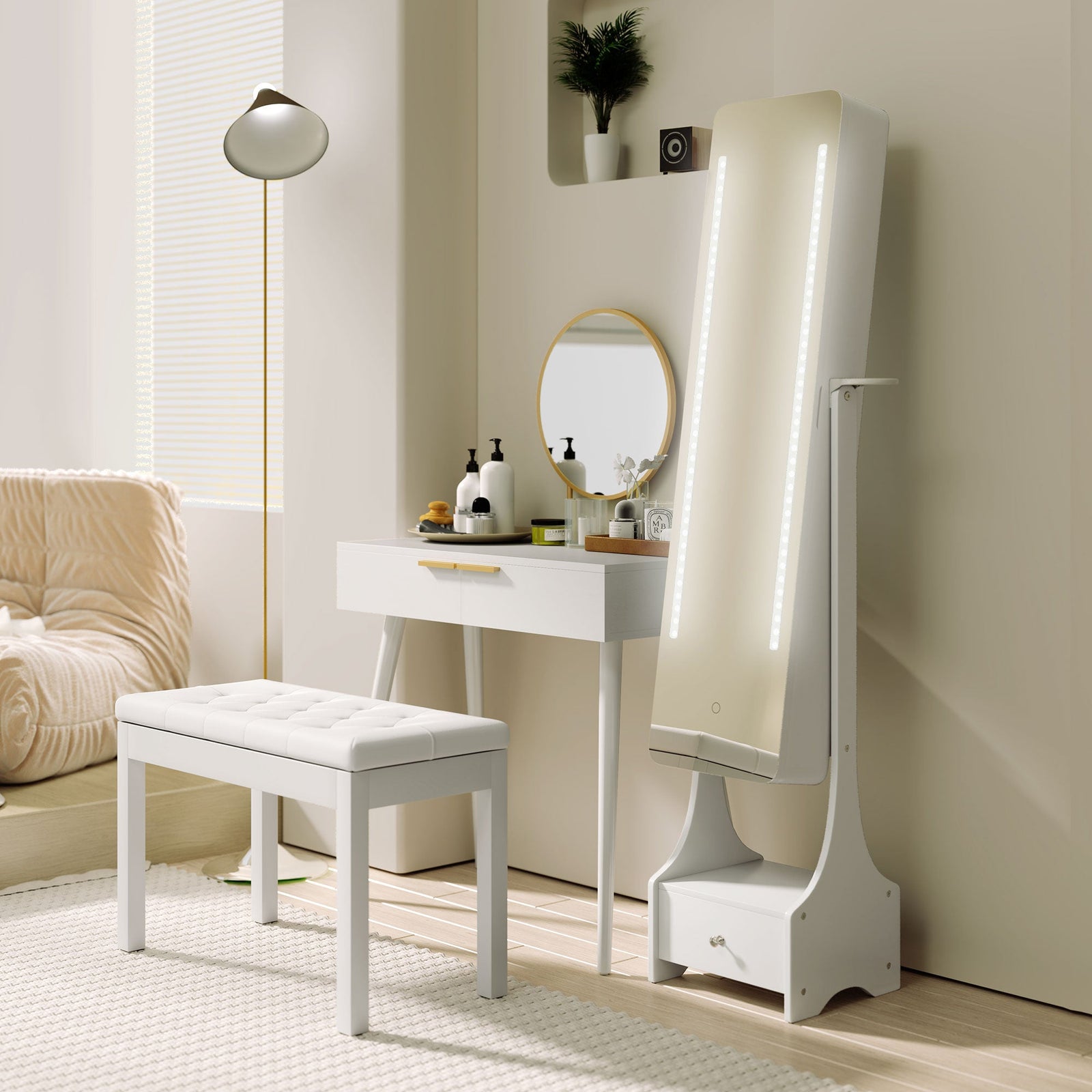 homcom elegant dressing table with round mirror 80 x 40 x 123 cm white