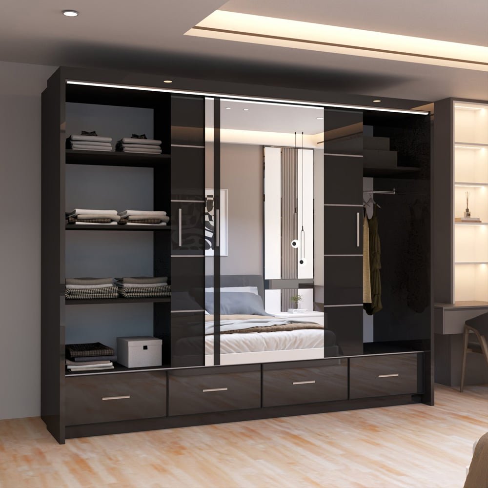 CHOICEWARDROBE Sycylia 255cm black high gloss sliding door wardrobe with mirrored centre panel and 3 doors.