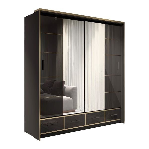 Black gloss 2-door sliding wardrobe with mirrored panels and 3 drawers