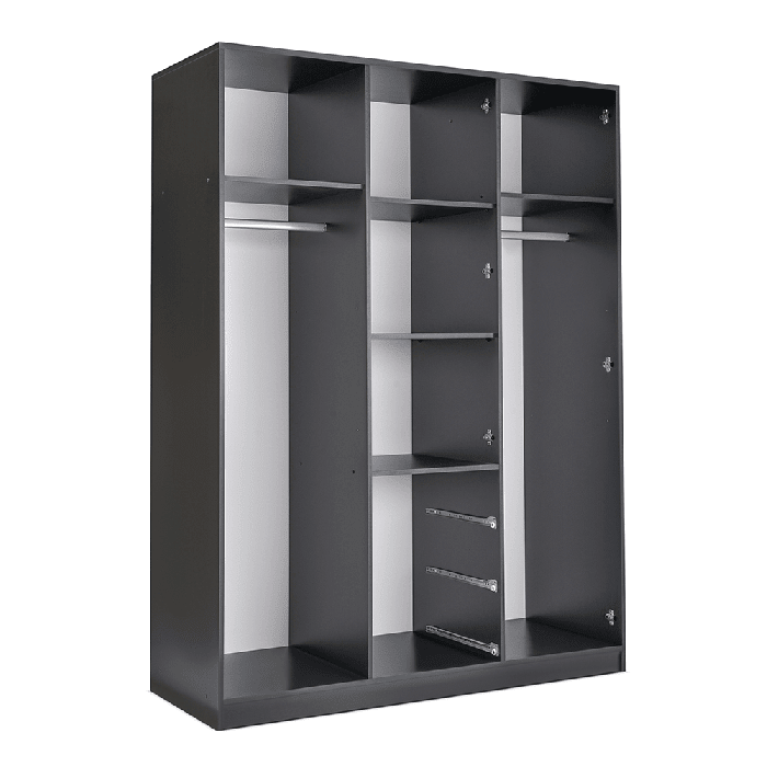 BELLVYN 3 door wardrobe interior with hanging rails, shelves, and 3 drawers