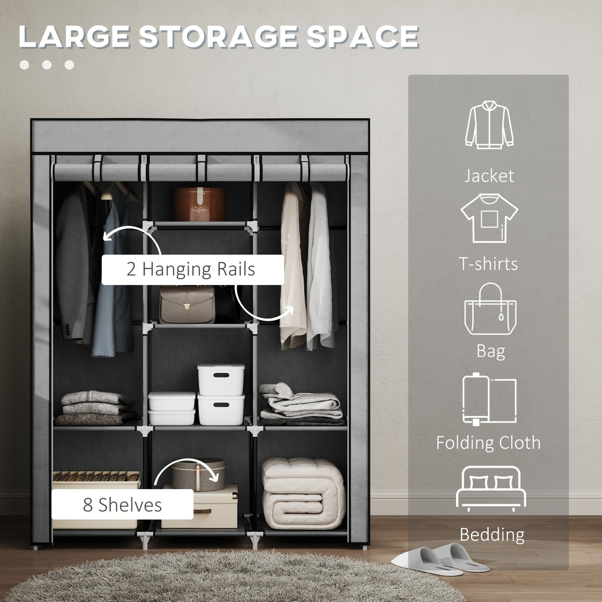 homcom fabric wardrobe with rails and shelves light grey