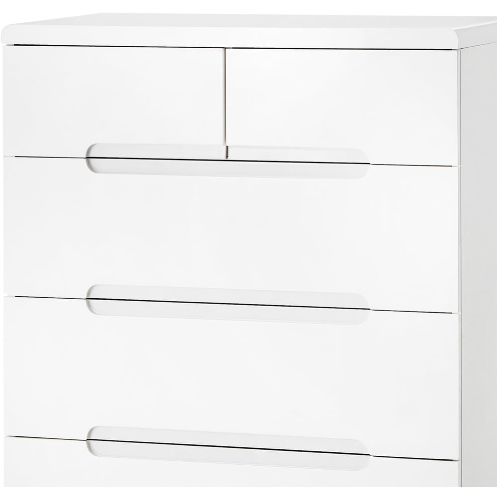 White Manhattan 5 drawer chest of drawers with recessed handles.