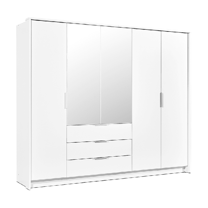 White 5 door wardrobe with mirrored panels and 3 drawers