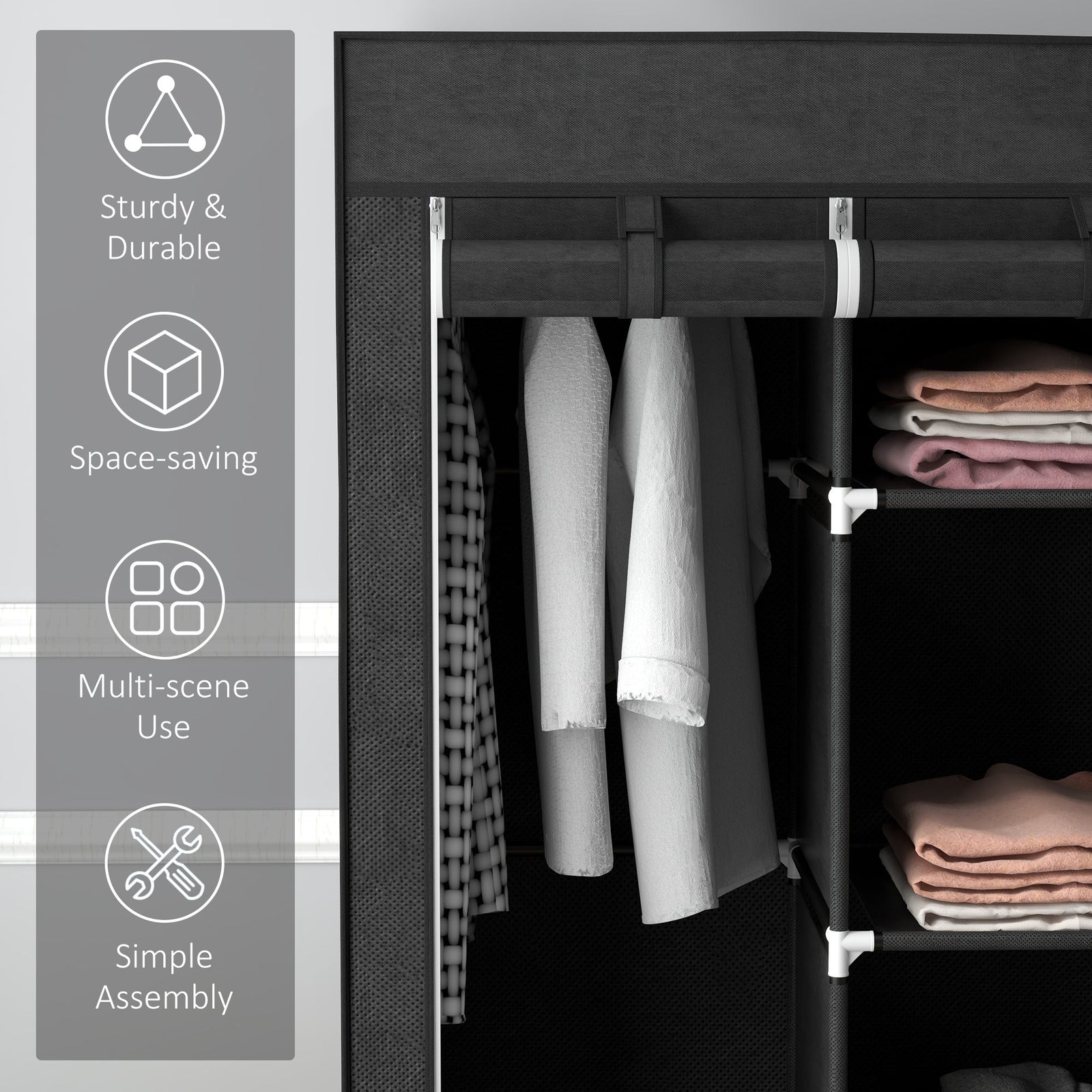 homcom foldable fabric wardrobe for bedroom portable wardrobe with 5 shelves 2 hanging rails and 3 fabric drawers black