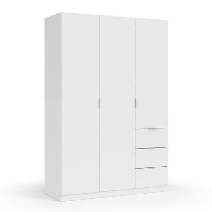 White 3 door 3 drawer wardrobe with sleek handles