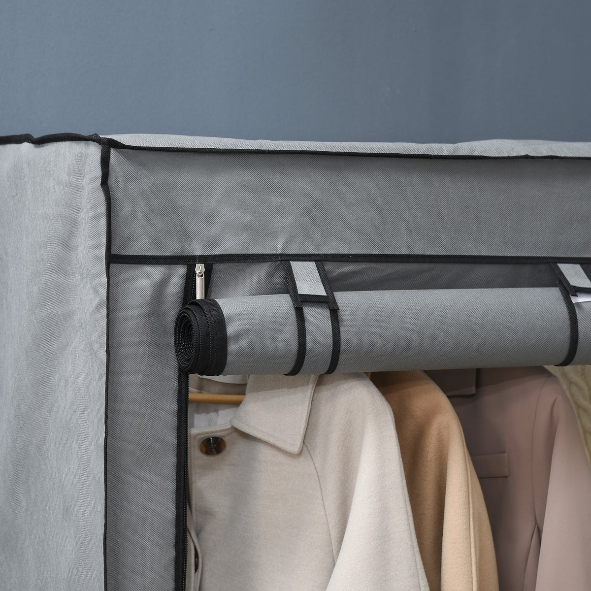 homcom steel frame fabric wardrobe with rail and shelves light grey