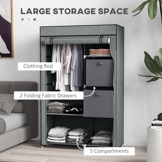 homcom fabric wardrobe portable wardrobe clothes storage unit with 5 compartments hanging rail and 2 fabric drawers 102 x 42 5 x 162 5cm dark grey