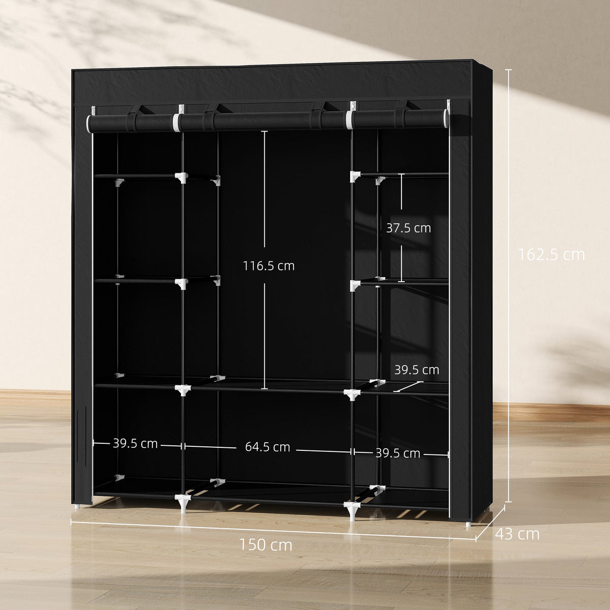homcom portable wardrobe foldable fabric wardrobe 150 x 43 x 162 5cm clothes storage organiser with hanging rail shelves fabric cover for bedroom black
