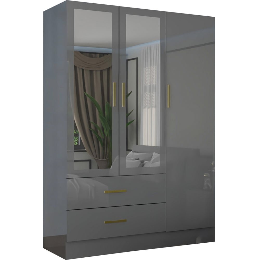 Grey high gloss 3 door 2 drawer wardrobe with gold handles and mirrored doors