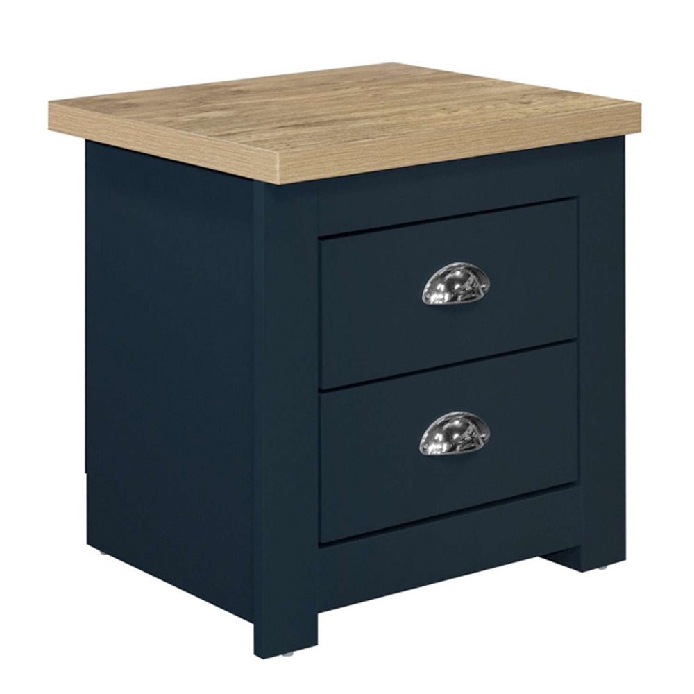 Highland 2-drawer bedside cabinet in navy blue and oak with silver cup handles