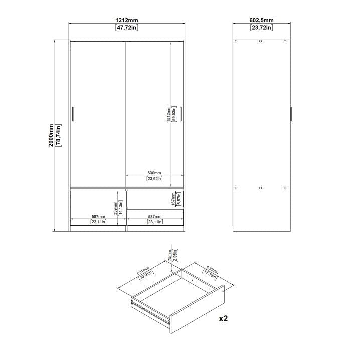 Technical drawing of 1212mm Jackson Hickory Oak sliding wardrobe with 3 doors and 2 drawers, showing dimensions.