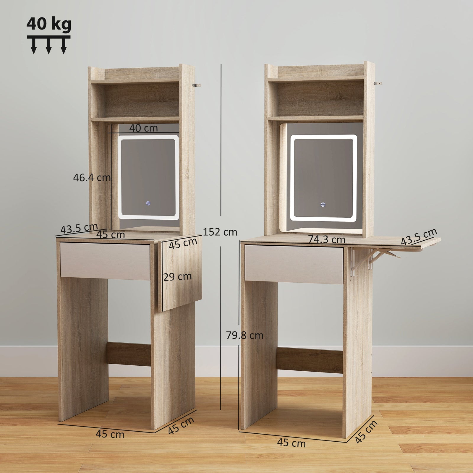 homcom small vanity desk with mirror and led lights compact dressing table with drop leaf open shelves natural wood