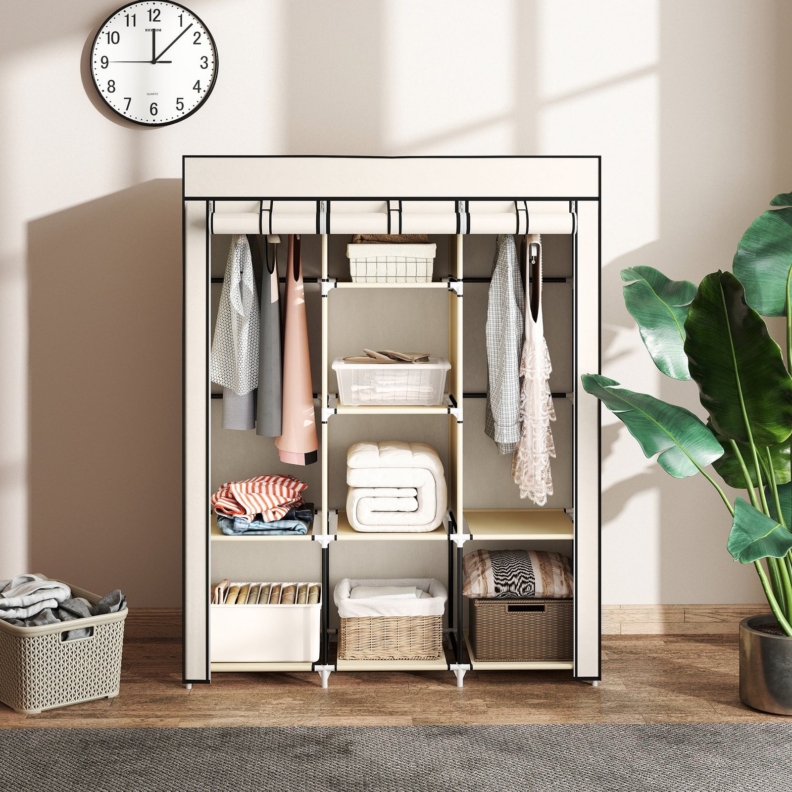 homcom fabric wardrobe with rails and shelves cream white