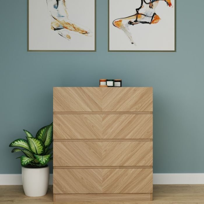 Euro Oak chest of drawers with herringbone wood-grain pattern and plant in white pot