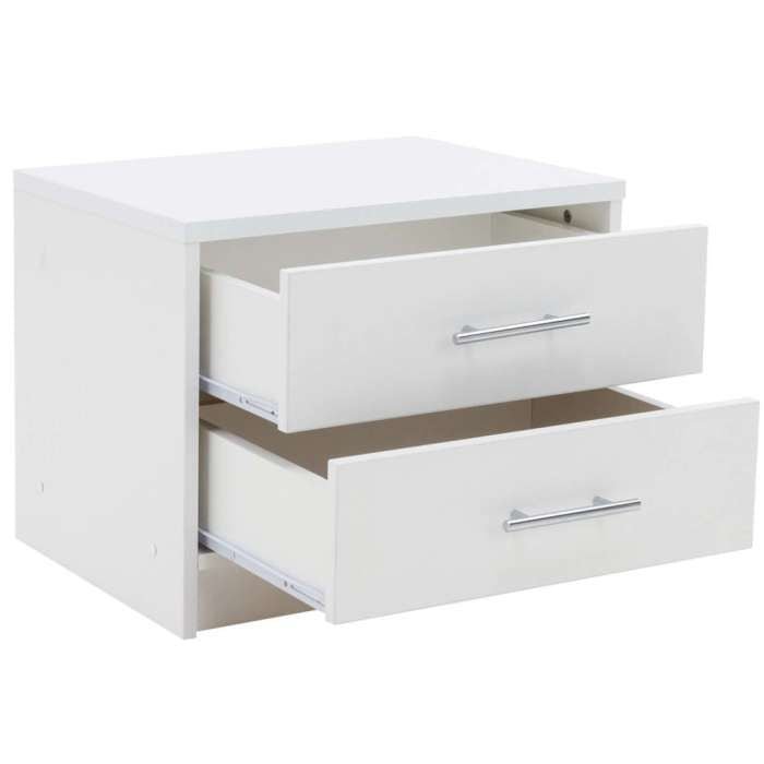 White 2 drawer bedside table with modern metallic handles, shown with drawers partially open.