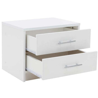 White 2 drawer bedside table with modern metallic handles, shown with drawers partially open.