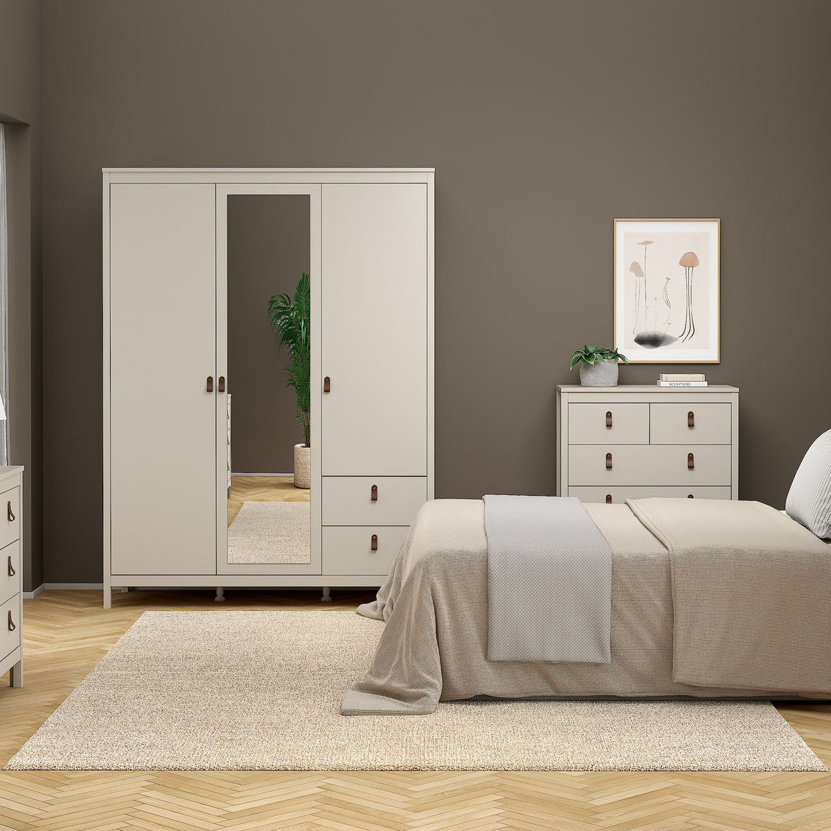 Burnley beige 3 door wardrobe with mirrored centre door and 2 drawers