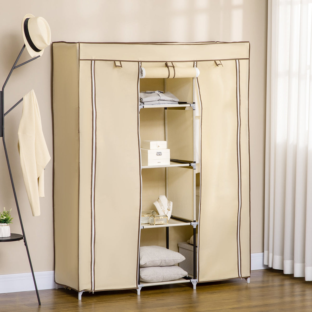 homcom fabric wardrobe with rails and shelves beige