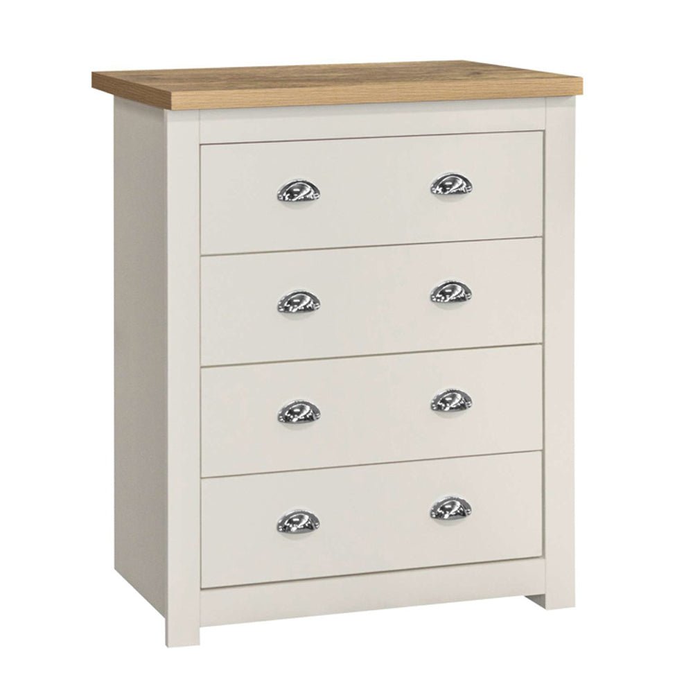 Highland Wooden Chest of 4 Drawers in cream with oak effect top and silver cup handles